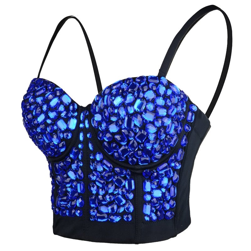 ELLACCI Women's Sexy Rhinestone Punk Bustier Crop Top Push Up Corset Bra Blue Large - Image 1